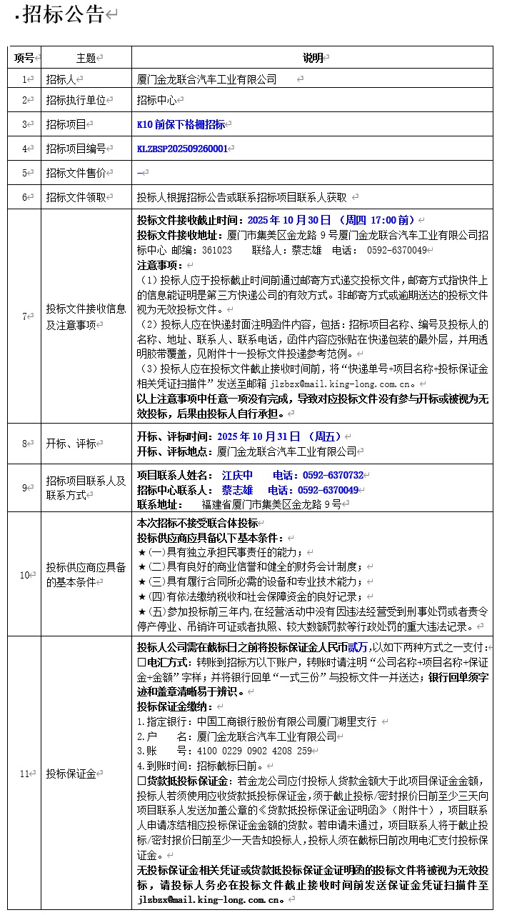 招標(biāo)公告-K10車型前保下格柵項(xiàng)目（輕商）